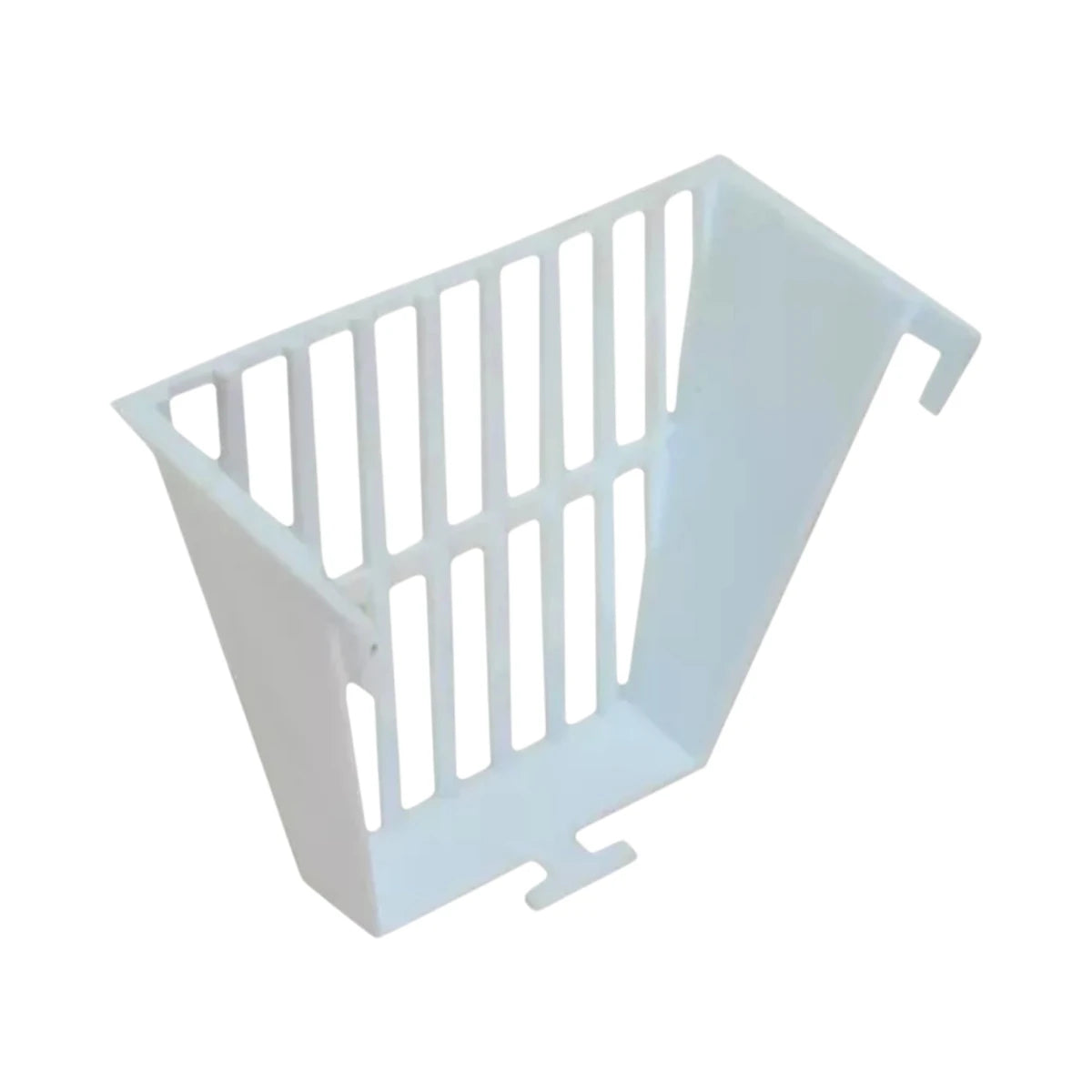 Porta yute de plástico blanco para aves, diseñado para mantener la fibra limpia y ordenada dentro de la jaula.