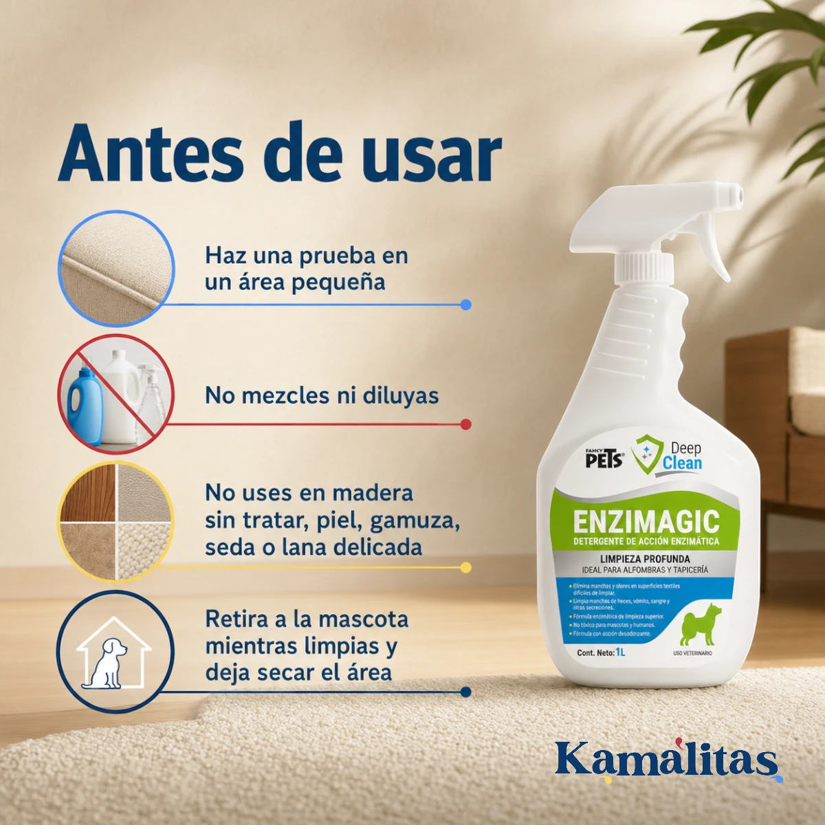 Precauciones de Enzimagic: probar en un área pequeña, no mezclar ni diluir y dejar secar completamente.
