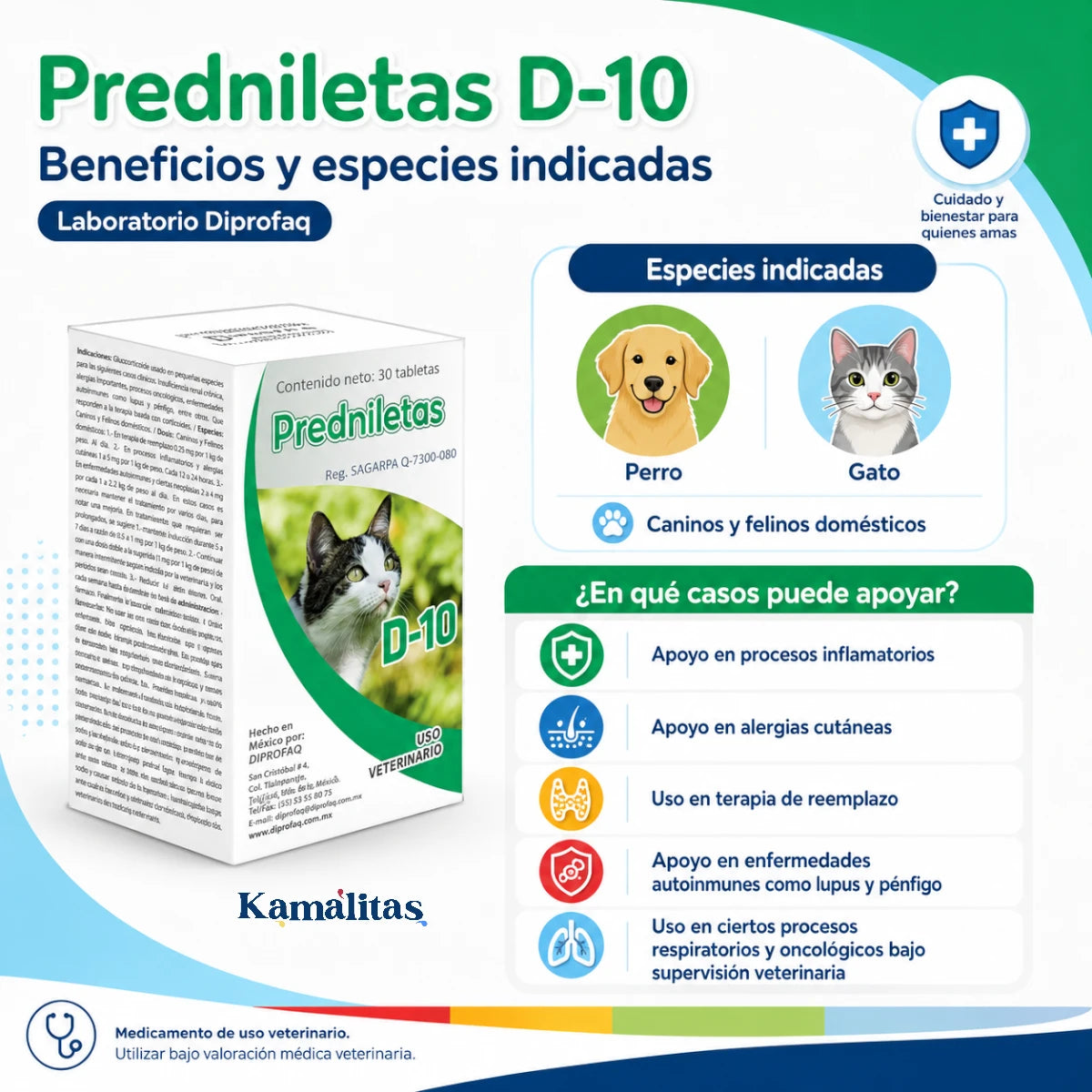 Predniletas D-10 Diprofaq para caninos y felinos domésticos, infografía de beneficios en procesos inflamatorios, alergias cutáneas y uso veterinario supervisado, disponible en Kamalitas.