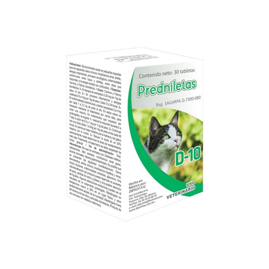 Caja de Predniletas D-10 de Laboratorio Diprofaq, glucocorticoide oral con Prednisolona de 10 mg para el tratamiento de alergias y procesos inflamatorios en perros y gatos, en Kamalitas.