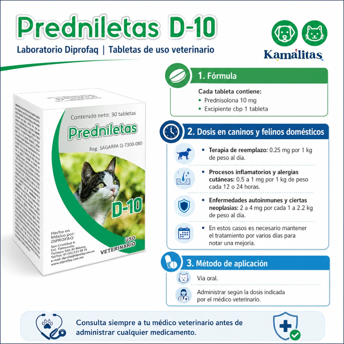 Infografía de Predniletas D-10 Diprofaq con fórmula, dosis para perros y gatos domésticos y método de aplicación vía oral bajo indicación veterinaria, disponible en Kamalitas.