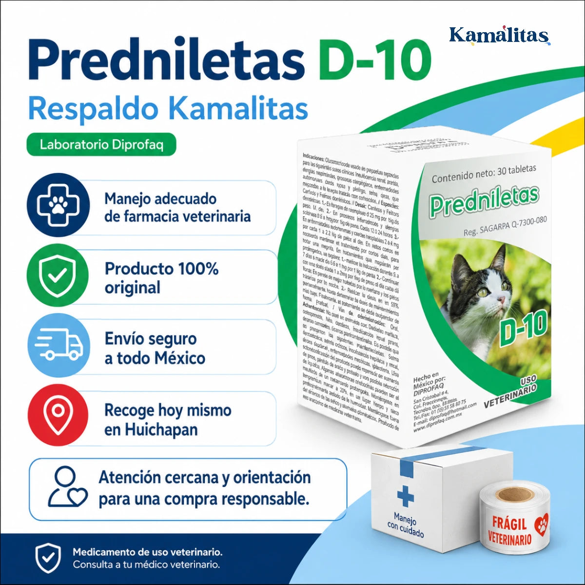Imagen de respaldo Kamalitas para Predniletas D-10 Diprofaq, medicamento veterinario original con manejo adecuado de farmacia, envío seguro a México y recolección en Huichapan.