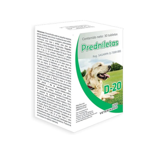 Caja de Predniletas D-20 del laboratorio Diprofa'q, antiinflamatorio esteroideo a base de Prednisolona 20mg para tratamiento veterinario en perros.