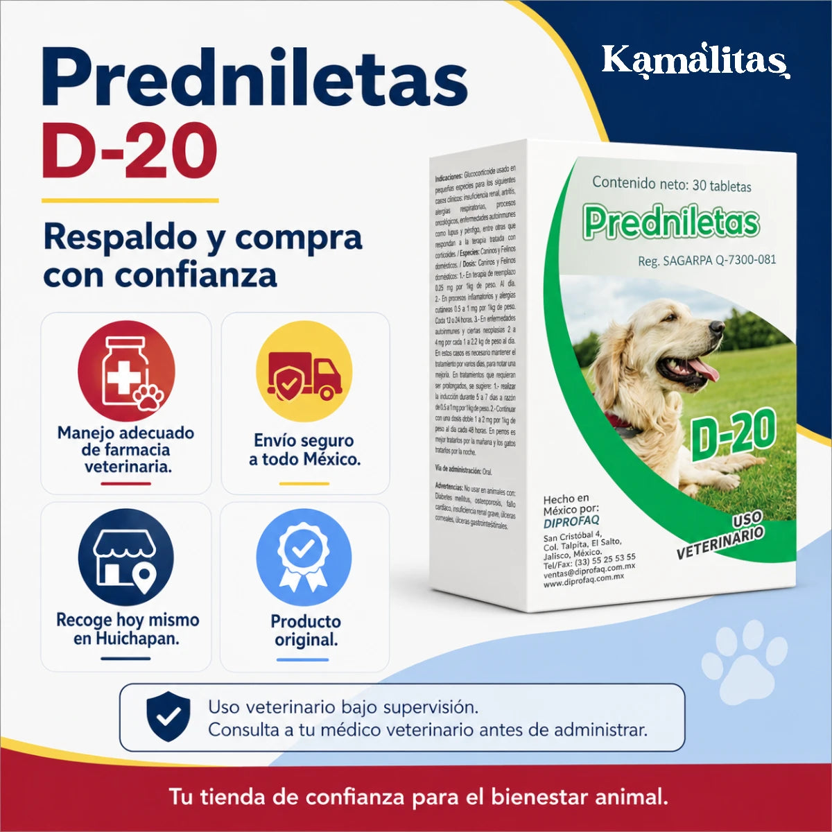 Imagen de respaldo Kamalitas para Predniletas D-20 Diprofaq, medicamento veterinario original con manejo adecuado de farmacia, envío seguro a todo México y recolección en Huichapan.