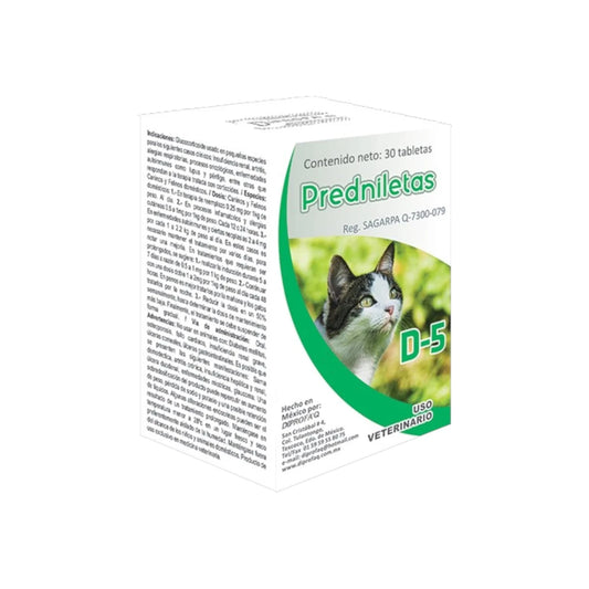 Caja de Predniletas D-5 del laboratorio Diprofa'q, glucocorticoide a base de Prednisolona 5mg para tratamiento veterinario en pequeñas especies.