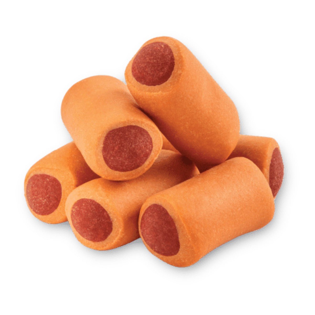 Primer plano detallado de los Premios Bites de Hot Dog Ganador Premium, mostrando su original forma de mini hot dog con 'cátsup y mostaza', textura blanda y sabor irresistible para perros, en Kamalitas.