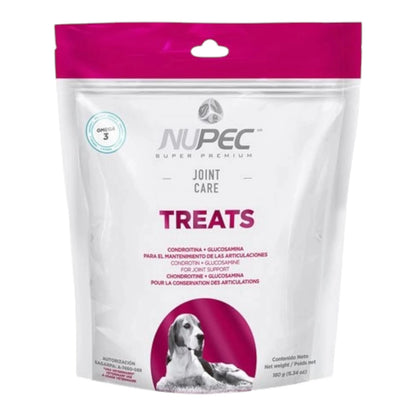 Empaque de premios funcionales Nupec Joint Care para perro en color rosa fuerte, destacando su fórmula con glucosamina y condroitina para el mantenimiento articular.