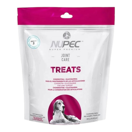 Empaque de premios funcionales Nupec Joint Care para perro en color rosa fuerte, destacando su fórmula con glucosamina y condroitina para el mantenimiento articular.