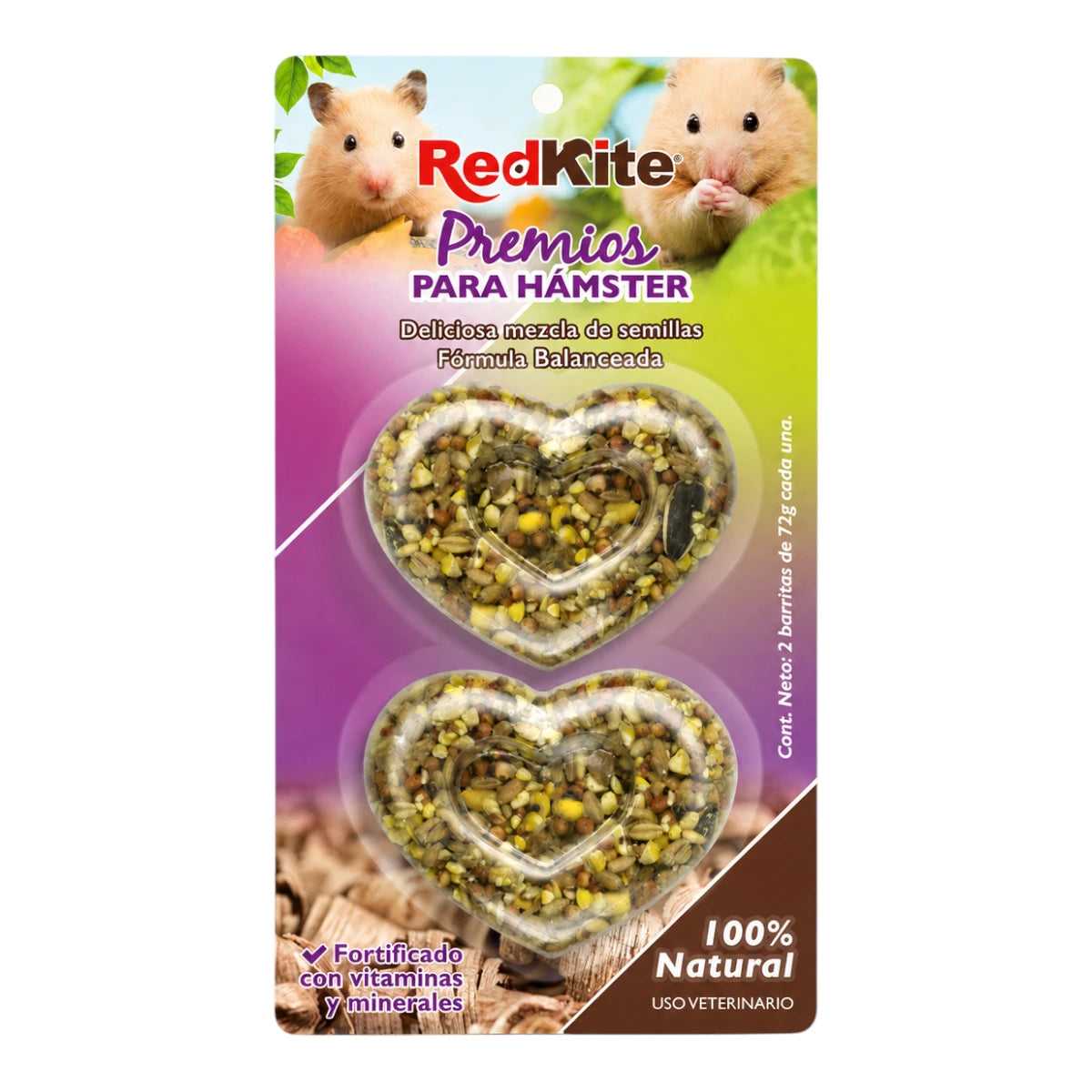Premios para hámster RedKite con dos barritas de semillas en forma de corazón de 72 g cada una.