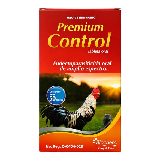 Caja de 50 tabletas de Premium Control del laboratorio Biochem, antiparasitario de amplio espectro para gallos de pelea y aves de combate.