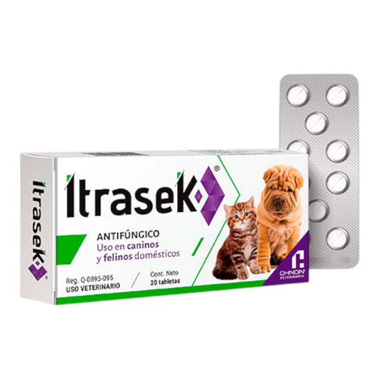 Caja de Itrasek 100mg de Laboratorio Chinoin, tratamiento antimicótico oral en tabletas para perros y gatos.