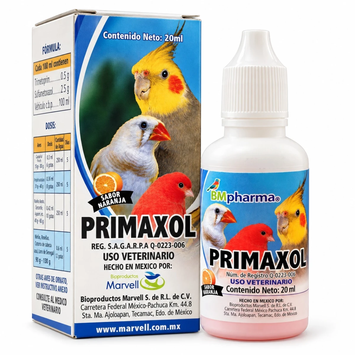 envase de 20mL de primaxol para aves de ornato de Marvell