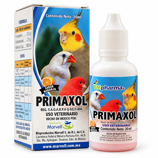 envase de 20mL de primaxol para aves de ornato de Marvell