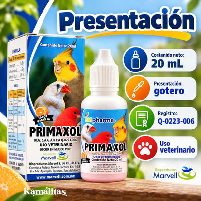 Primaxol antimicrobiano de marvell para aves canoras en presentación gotero de 20mL