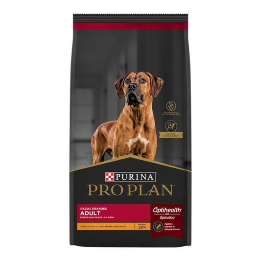 Vista frontal del empaque de alimento Pro Plan para perros adultos de raza grande sabor pollo con tecnología OptiHealth.