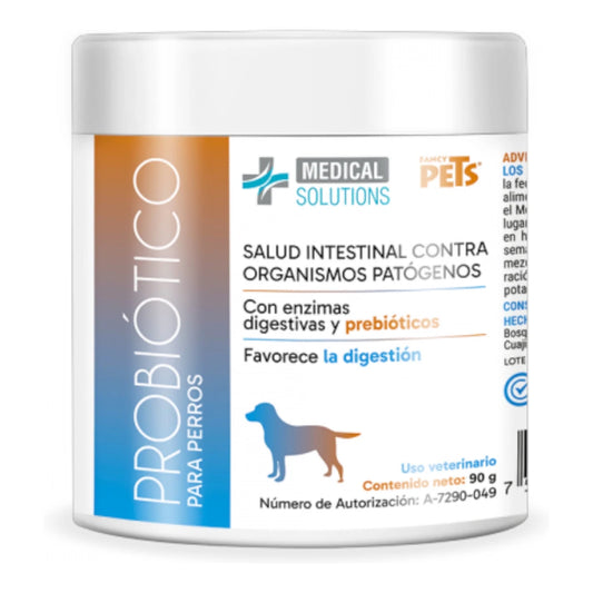 Envase del probiótico para perros Fancy Pets, suplemento con enzimas digestivas, lactobacilos y prebióticos para mejorar la digestión