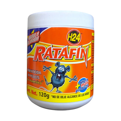 Rodenticida Ratafin en presentación de bote de 60g con pellets de bromadiolona para eliminar ratas y ratones