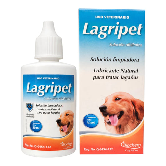 Presentación de Lagripet solución limpiadora y lubricante natural de 30 ml para tratar lagañas en perros y gatos.