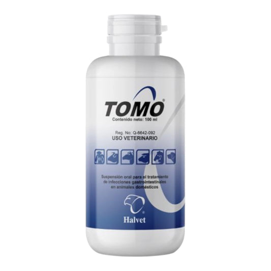 Envase de Tomo suspensión oral, tratamiento para diarreas e infecciones digestivas en lechones, becerros y cachorros.