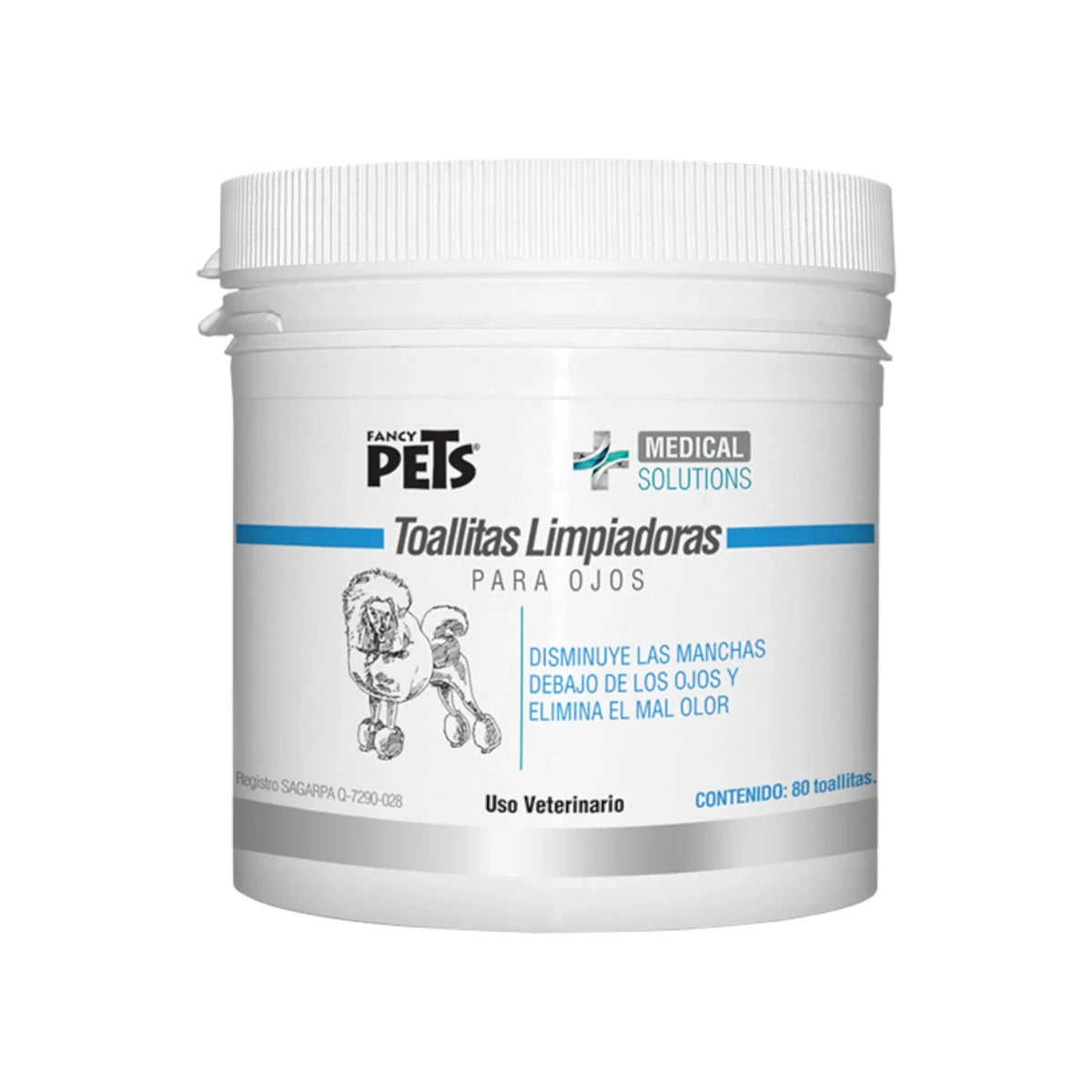 Envase de toallitas limpiadoras oftálmicas para mascotas con fórmula antimanchas y acción suave, ideal para higiene ocular diaria