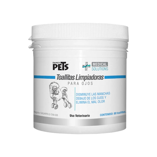 Envase de toallitas limpiadoras oftálmicas para mascotas con fórmula antimanchas y acción suave, ideal para higiene ocular diaria