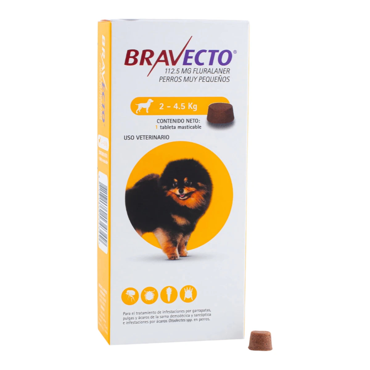 Caja de Bravecto para perros pequeños de 2 a 4.5 kg, tableta masticable de 112.5 mg de fluralaner para 12 semanas de protección.