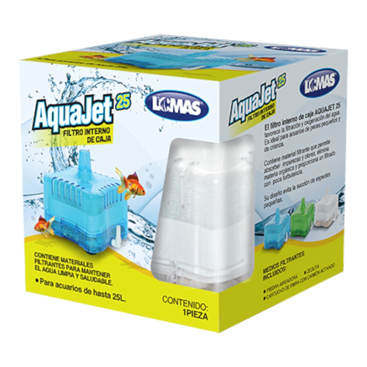 Caja del filtro AquaJet 25 versión color blanco para acuarios de hasta 25 litros, ideal para peces de crianza por su filtrado de poca turbulencia.