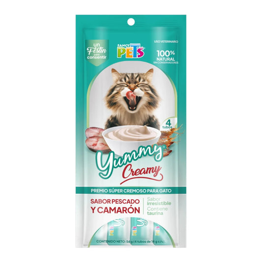 Sobre de Yummi Creamy sabor pescado y camarón para gatos, incluye 4 tubos cremosos de 14g