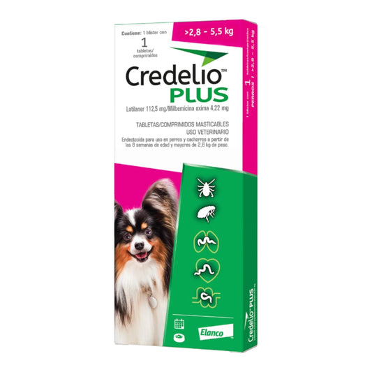 Empaque de Credelio Plus para perros de 2.8 a 5.5 kg, tratamiento mensual en tableta masticable contra parásitos internos y externos.