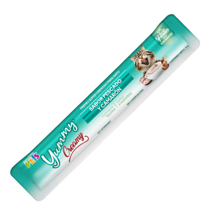 Tubo individual del snack cremoso Yummi Creamy para gatos sabor pescado y camarón