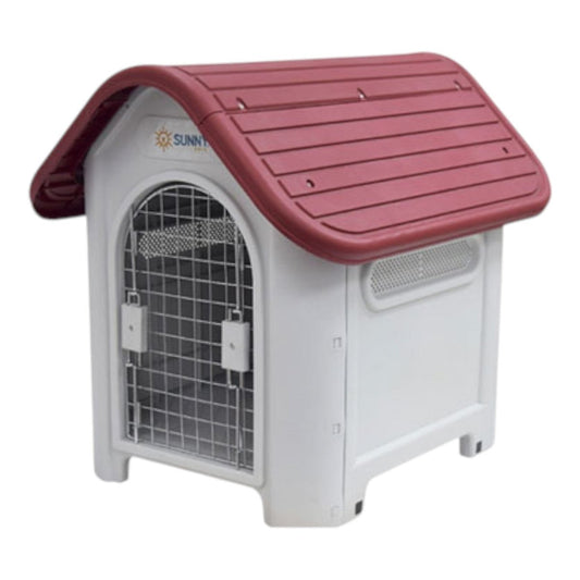 Casa exterior para perros chicos, techo rojo tipo teja, plástico resistente, con ventilación y base elevada