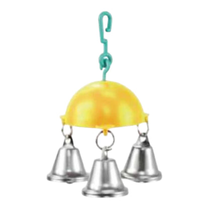 Juguete colgante para aves con tres campanas metálicas y gancho para jaula.