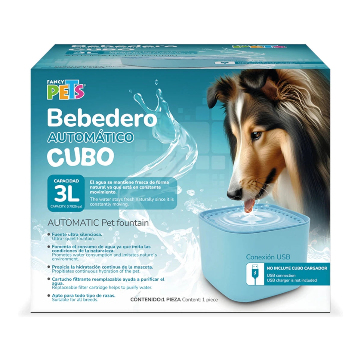 empaque del bebedero de 3L tipo fuente color azul aqua