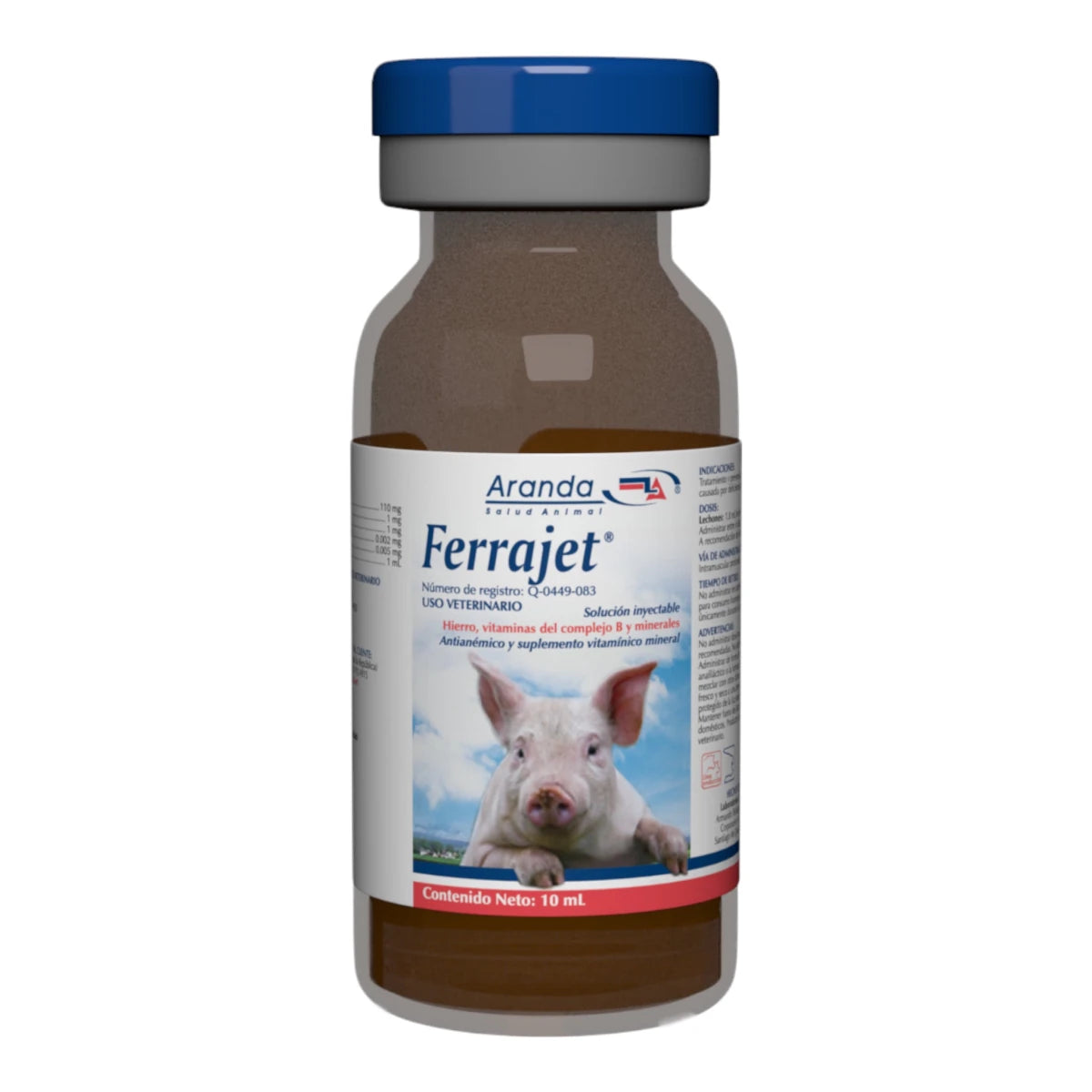 Envase de 10 ml de Ferrajet, hierro inyectable para prevenir la anemia en cerdos recién nacidos.