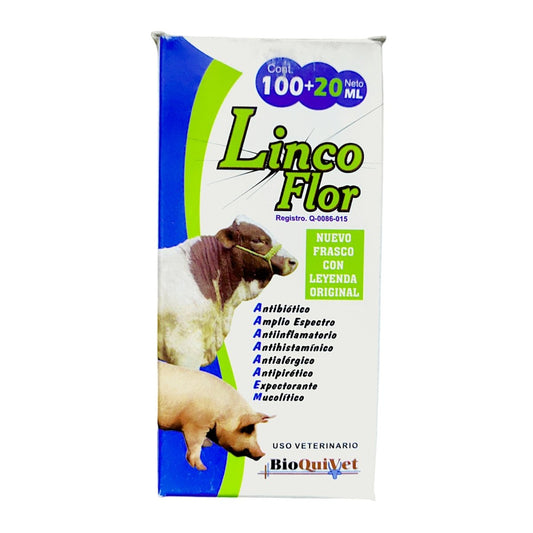 Fotografía de la caja de LincoFlor, antibiótico para tratar infecciones respiratorias en bovinos, cerdos y perros