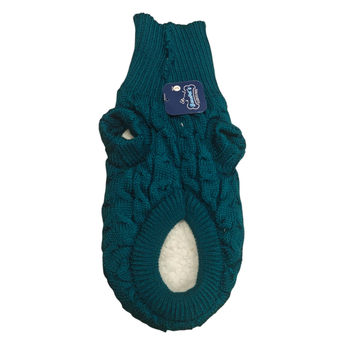 Suéter tejido trenzado con borrega para perros y gatos en color azul verdoso