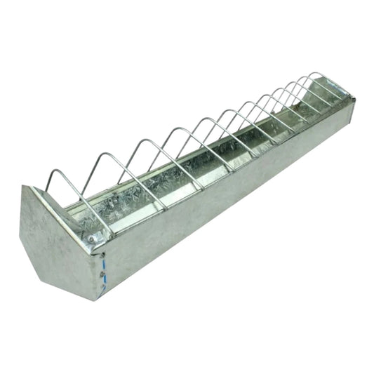 Comedero de lámina galvanizada para aves de corral con rejilla separadora, disponible en tamaños de 32 cm y 46 cm