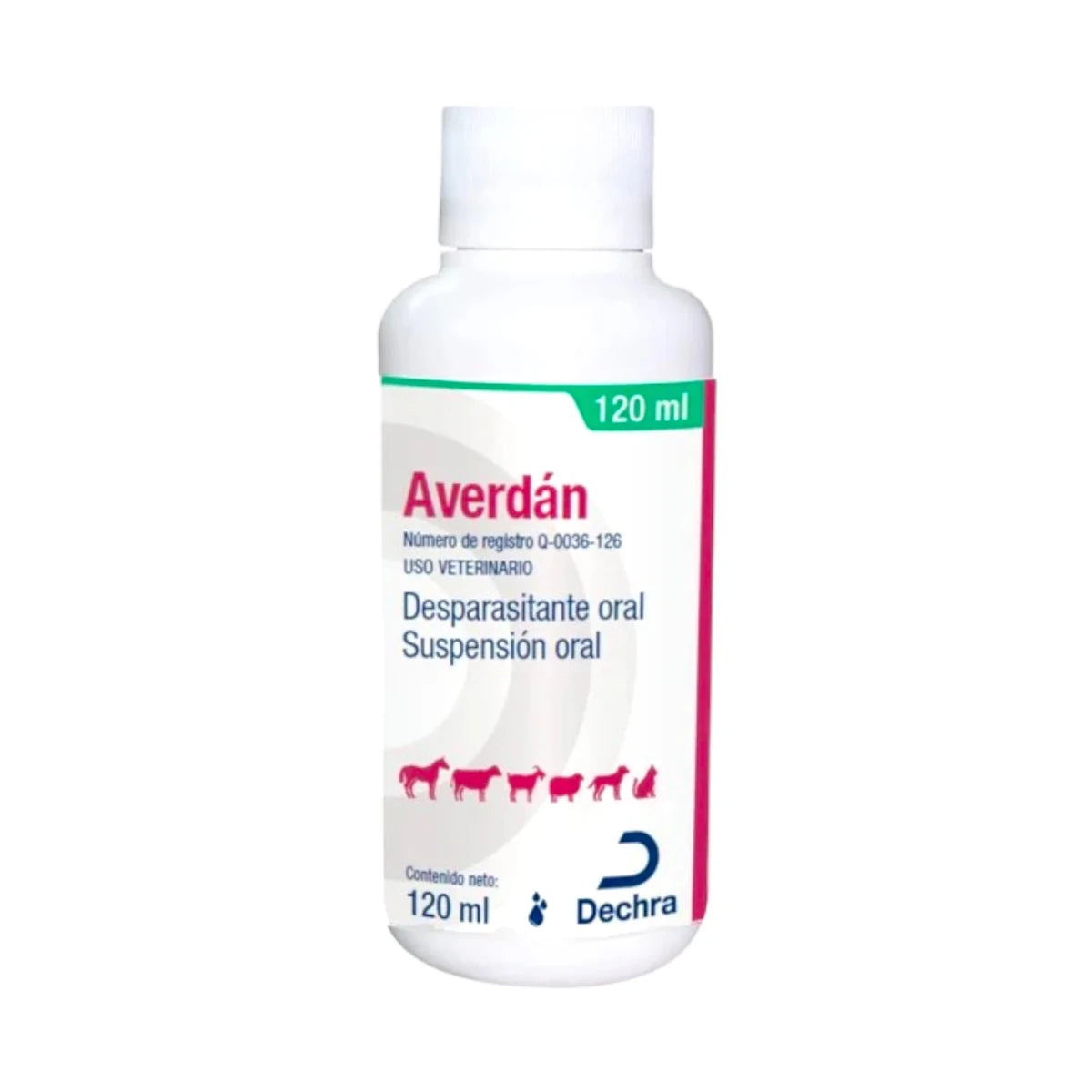 Botella de Averdán Desparasitante Oral para uso veterinario, elimina parásitos gastrointestinales y pulmonares en perros, gatos, ganado y caballos.
