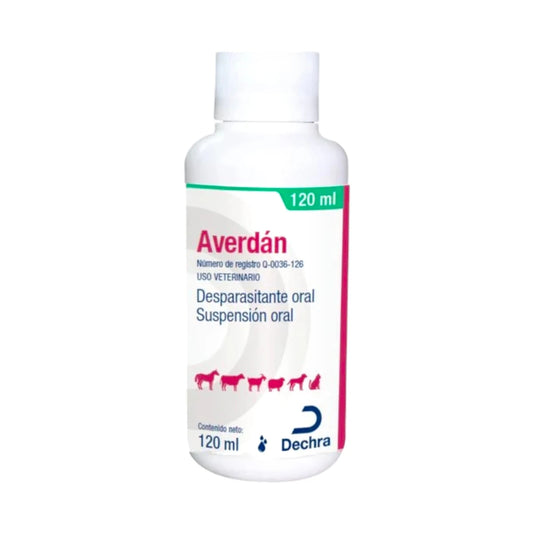 Botella de Averdán Desparasitante Oral para uso veterinario, elimina parásitos gastrointestinales y pulmonares en perros, gatos, ganado y caballos.