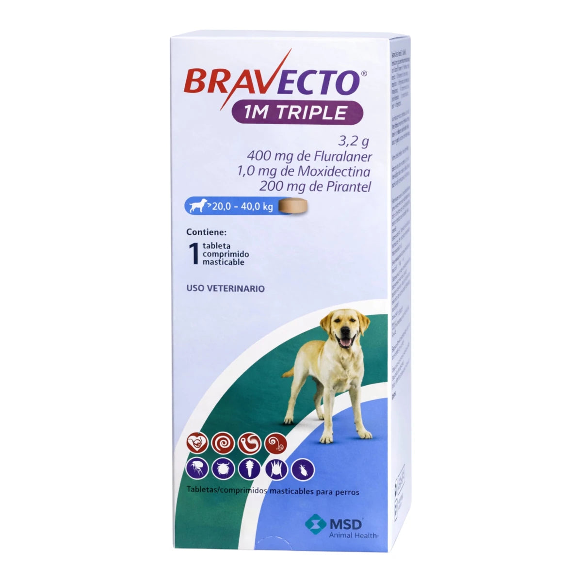 Caja del Bravecto 1M Triple para perros de 20 a 40 kg, tratamiento mensual antiparasitario con sabor a hígado