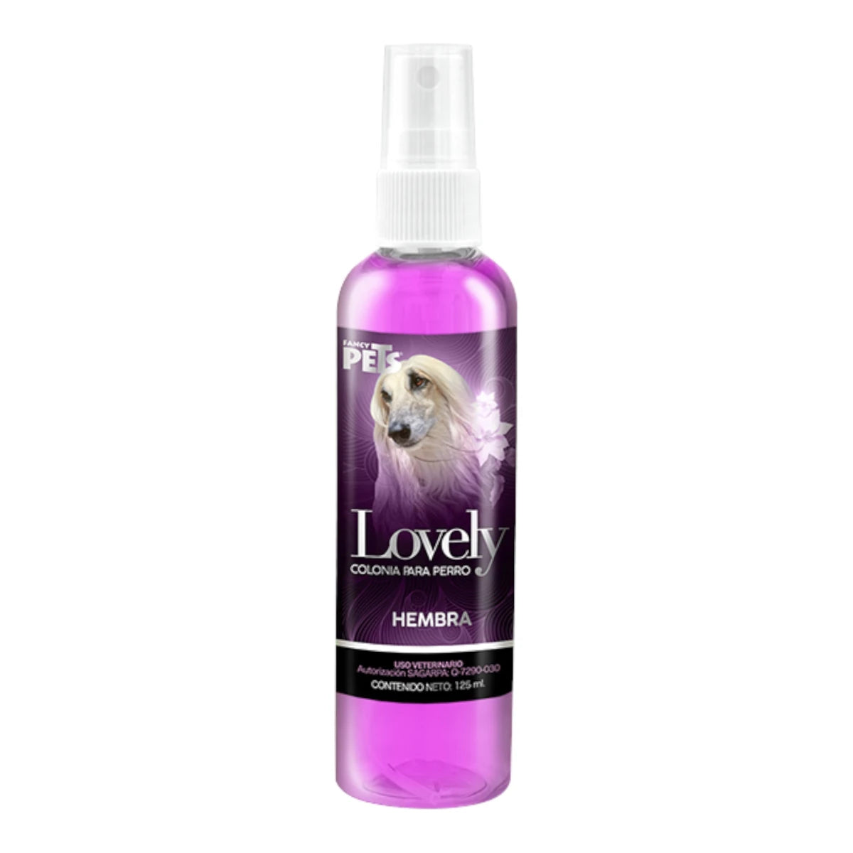 Botella de 120ml de Colonia Lovely para perras con atomizador, destacando su fragancia oriental frutal y diseño elegante de Fancy Pets.