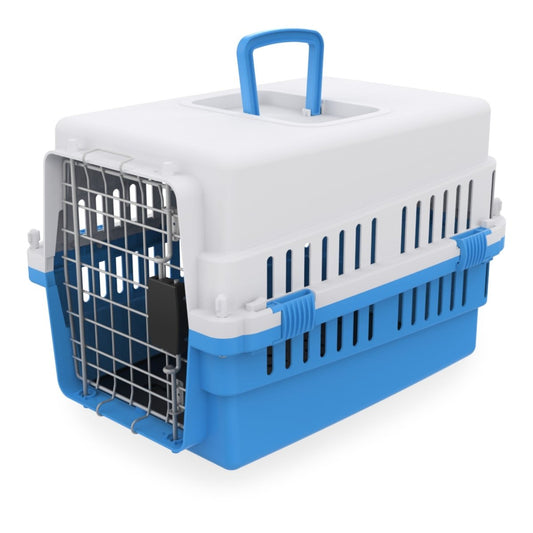 Transportadora color azul cielo con tapete sanitario y puerta metálica, ideal para mascotas de hasta 7 kg