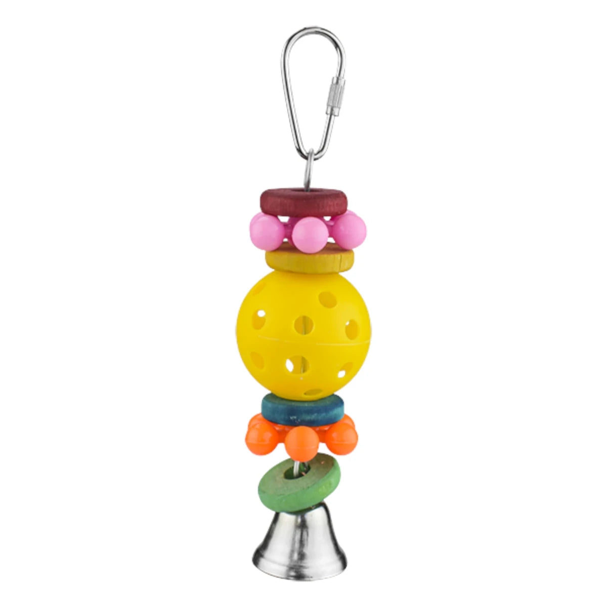 Juguete colgante para aves con esfera amarilla, piezas de colores y campana de metal.