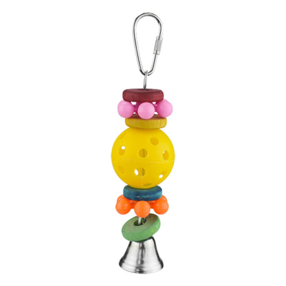 Juguete colgante para aves con esfera amarilla, piezas de colores y campana de metal.