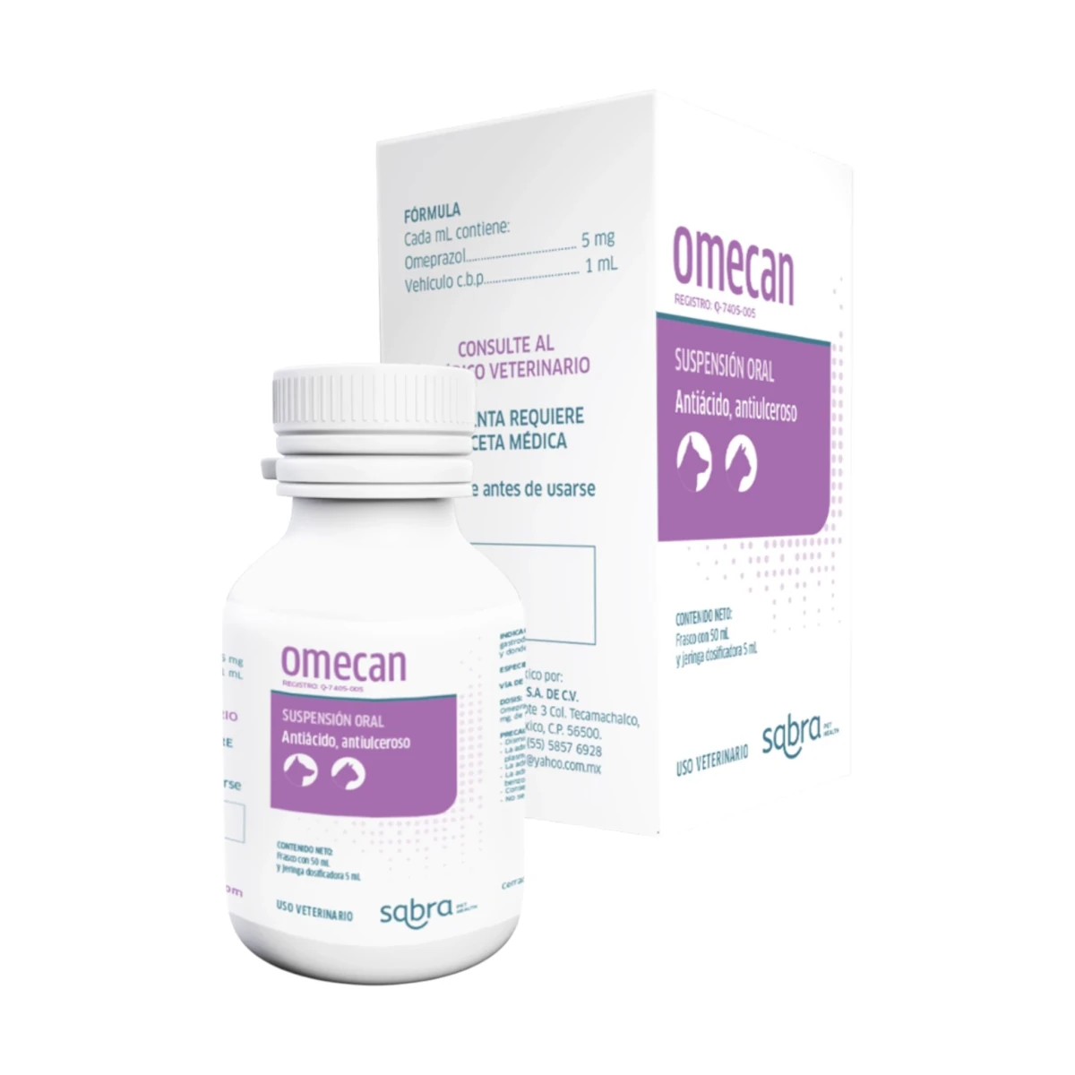 Frasco y caja de Omecan suspensión oral 5 mg con omeprazol para tratar acidez y úlceras en perros y gatos