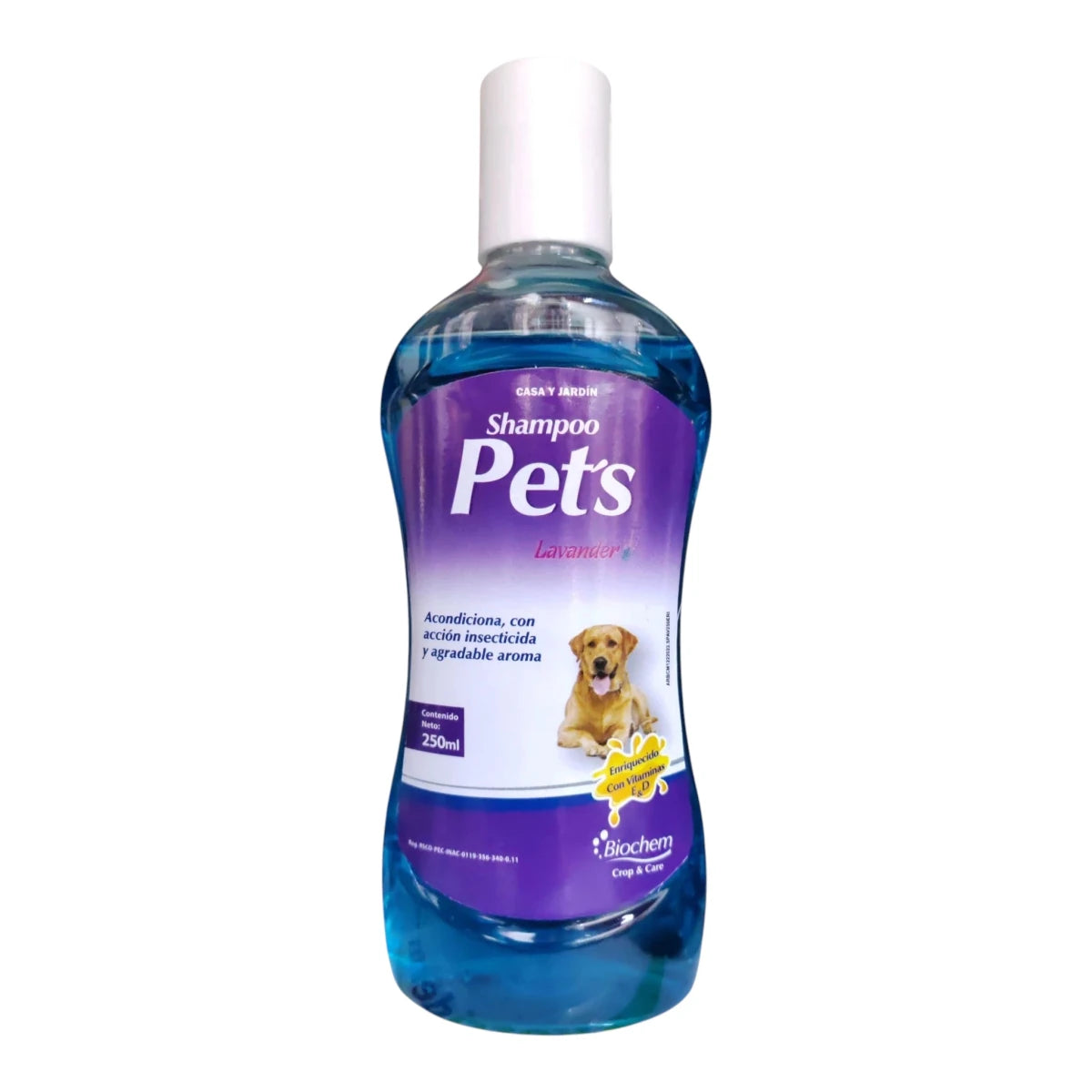 Envase del Shampoo Pets Lavanda para perros y gatos, antipulgas con deltametrina y aroma relajante