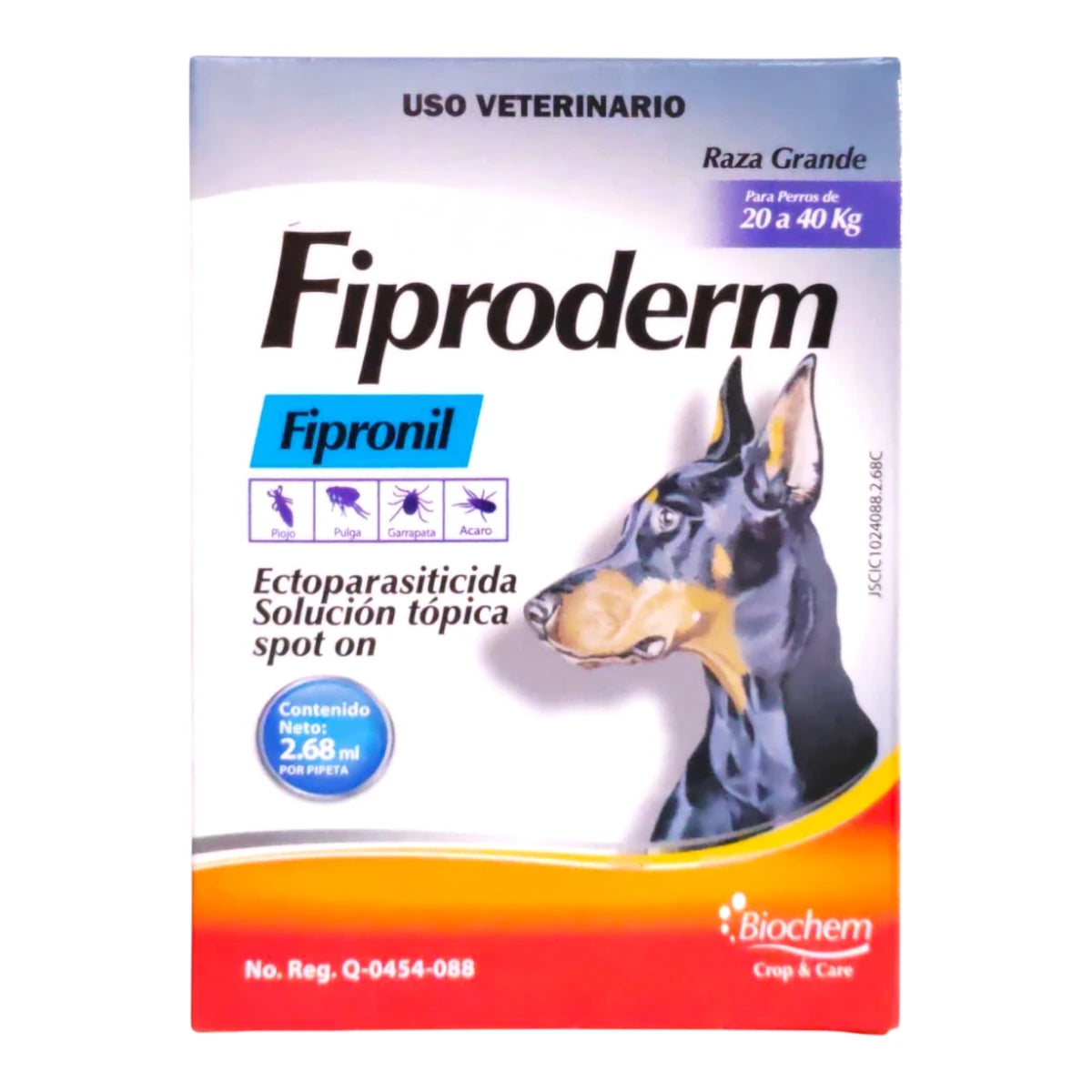 Pipeta Fiproderm 2.68 ml de Biochem para perros de 10 a 20 kg, solución tópica con Fipronil que elimina pulgas, garrapatas, ácaros y piojos