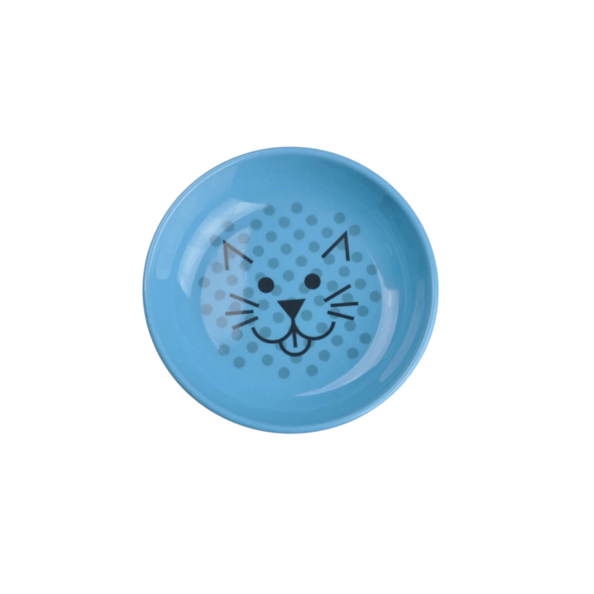 Vista aérea de un plato azul para gato hecho de bambú con un divertido diseño gráfico de carita de gato y patrón de puntos en el fondo.