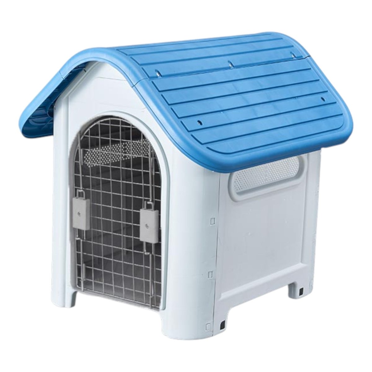 Casa exterior térmica con techo azul para perro de hasta 15 kg, base elevada y ventilaciones laterales