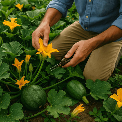 Persona cosechando flor de calabaza en un huerto con plantas de calabaza redonda y flores amarillas, ideal para ilustrar el cultivo casero.